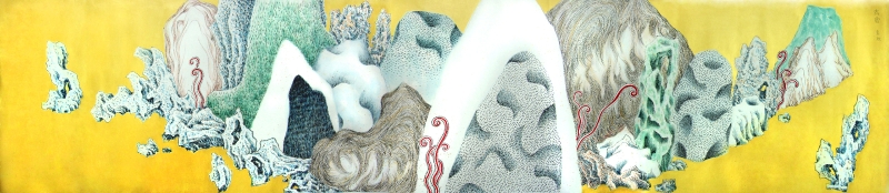 《袁慧莉YUAN Hui-Li：A Maverick in Shanshui》摘錄作品：《太虛No.1》，灑金淨皮宣、彩墨、泥金，50×228 cm，2008